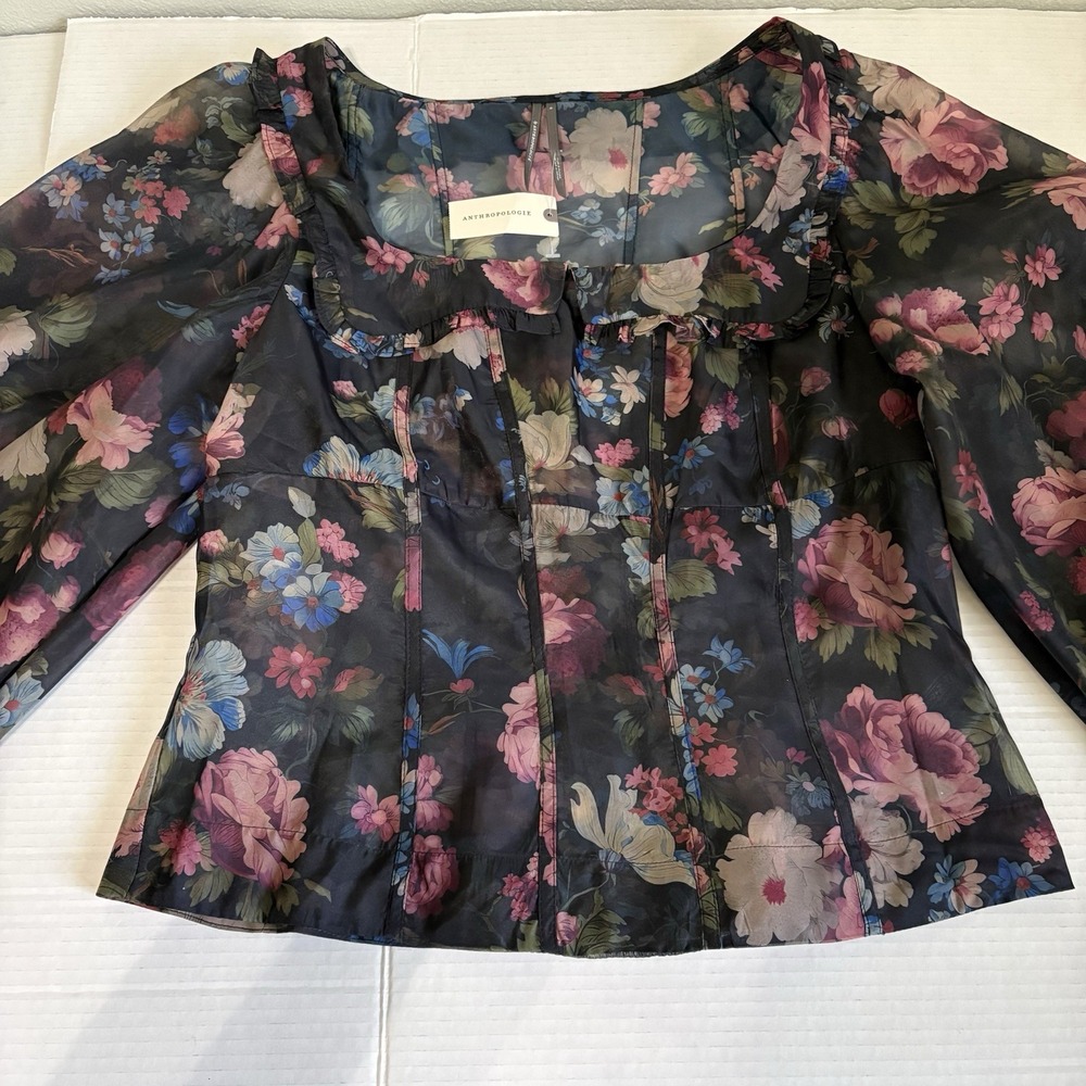 NWT Anthropologie Black Floral Corset Blouse Size M Sheer Puff Sleeve Ruffle Top - Picture 4 of 16